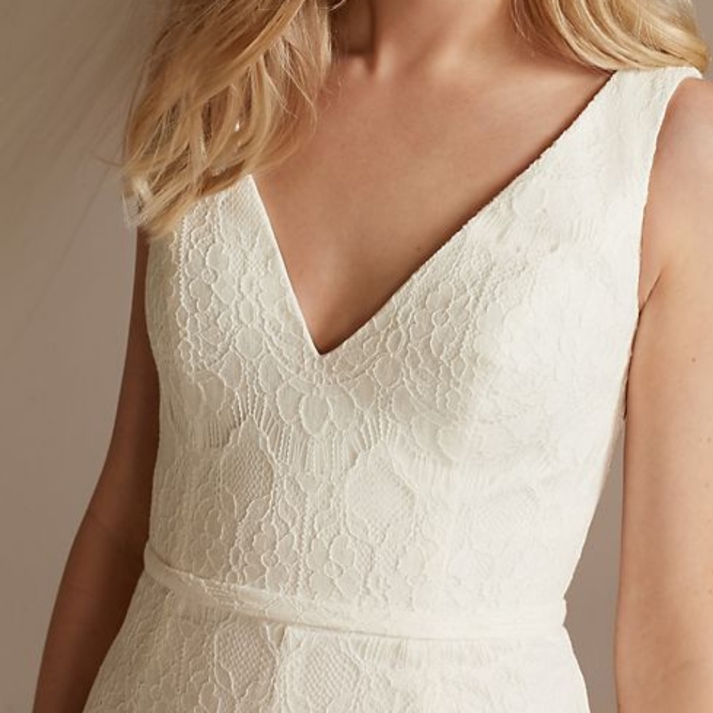 - WeddingDB STUDIO scalloped lace v-neck tank wide-leg jumpsuit soft white…